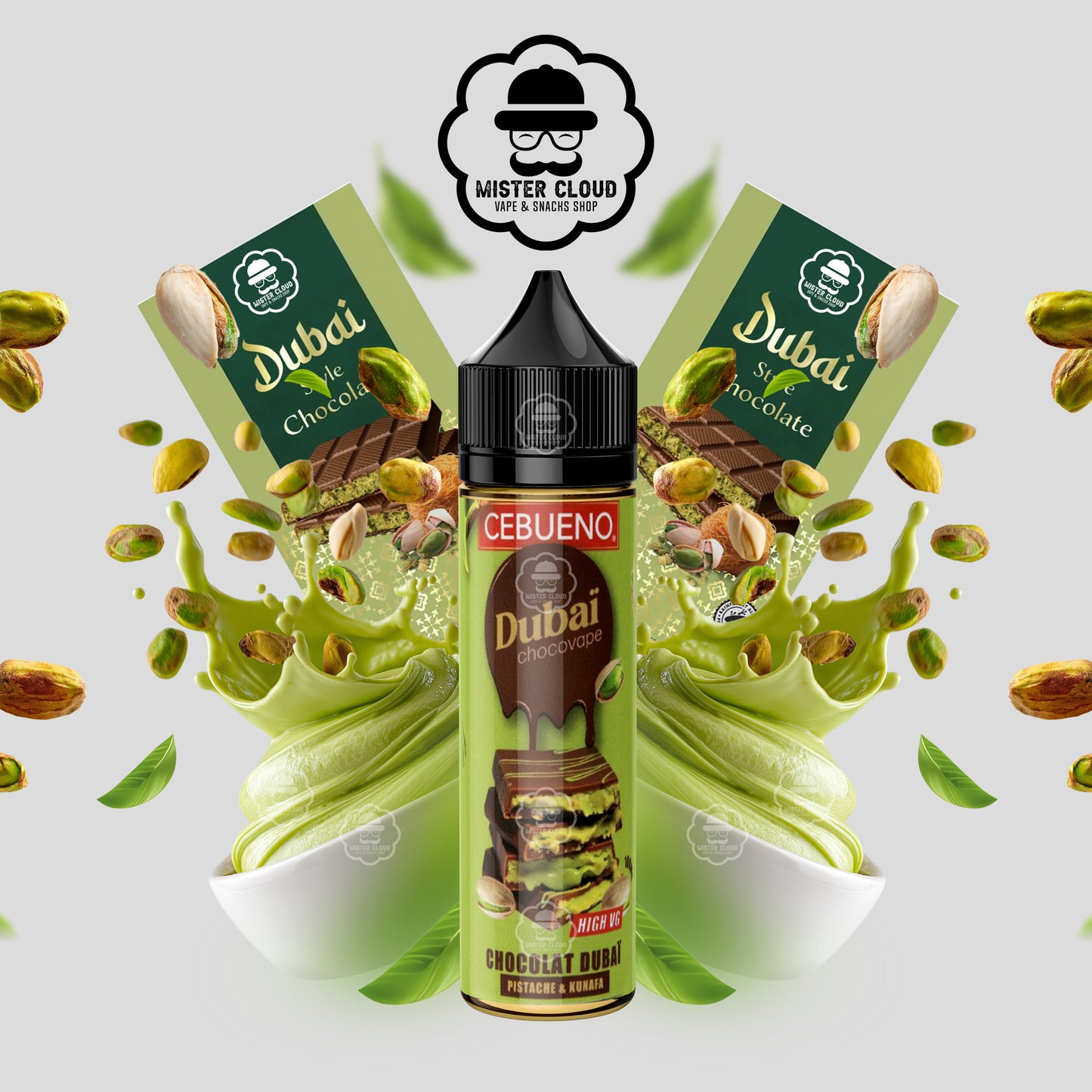 E-LIQUIDE CEBUENO DUBAĂ CHOCOVAPE PISTACHE & KUNAFA 50ML - MISTER CLOUD