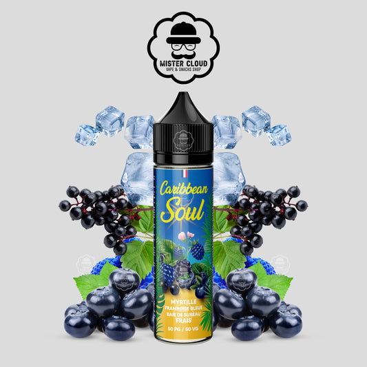 E-LIQUIDE FRAMBOISE BLEUE MYRTILLE BAIES DE SUREAU FRAIS CARIBBEAN SOUL 50ML - MISTER CLOUD