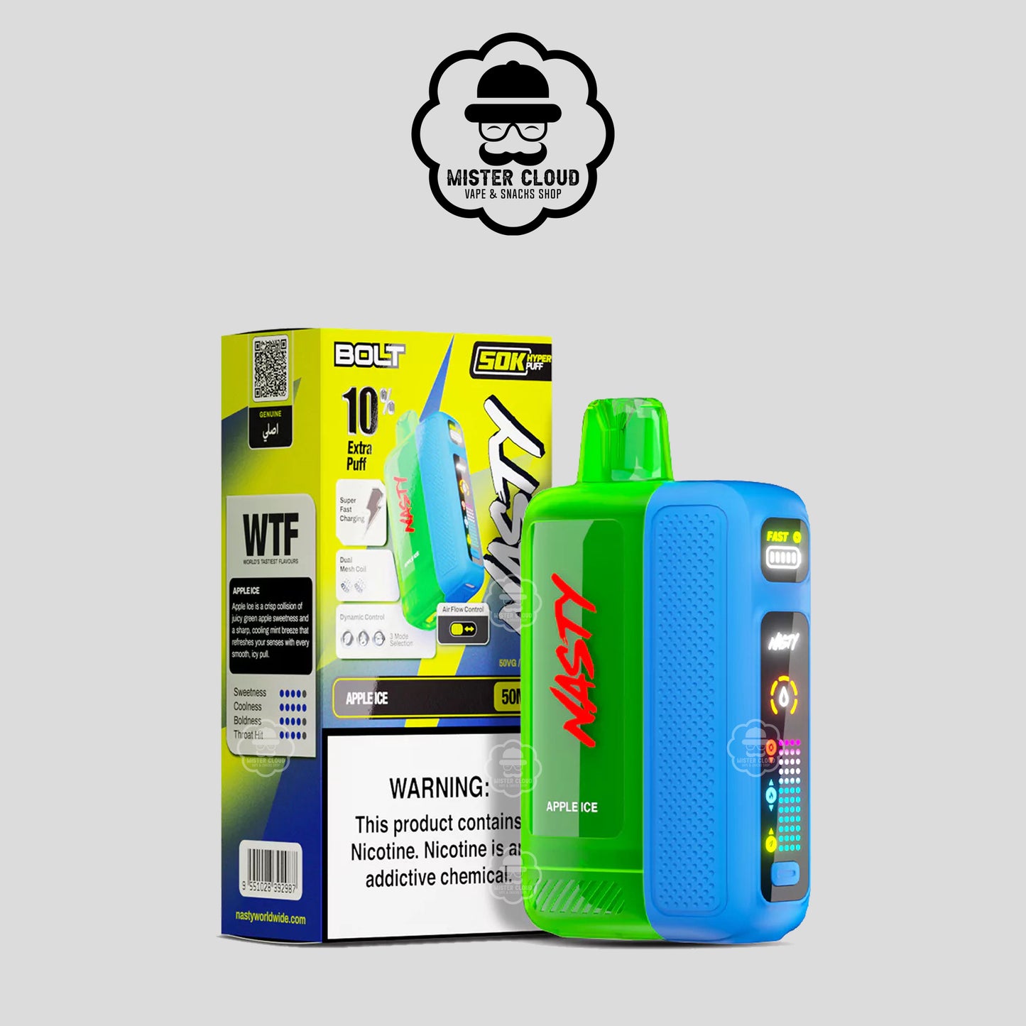 PUFF JETABLE NASTY BOLT APPLE ICE 50K 5% - MISTER CLOUD